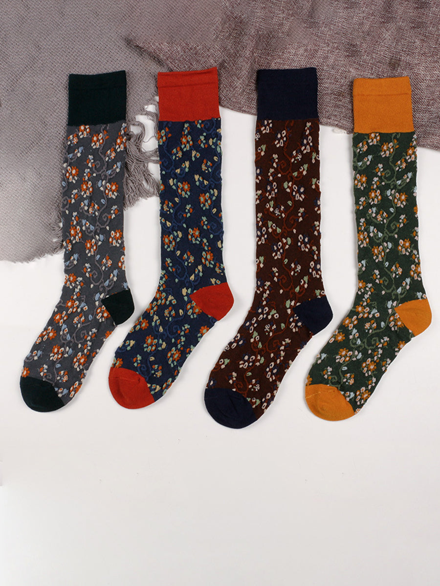 4 Pairs Cotton Vintage Floral Women Long Socks