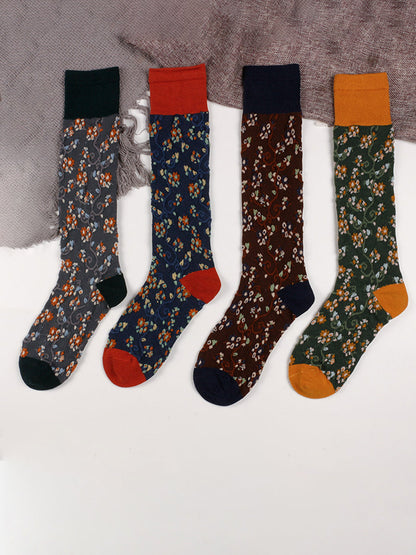 4 Pairs Cotton Vintage Floral Women Long Socks