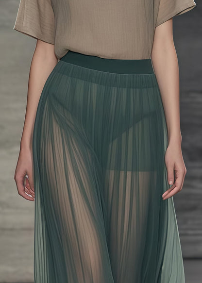 Women Tea Green Elastic Waist Tulle Pleated Skirts Summer