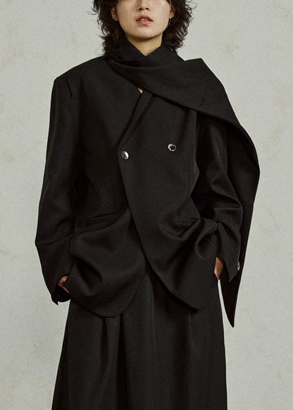Black Notched Button Solid Coats Long Sleeve