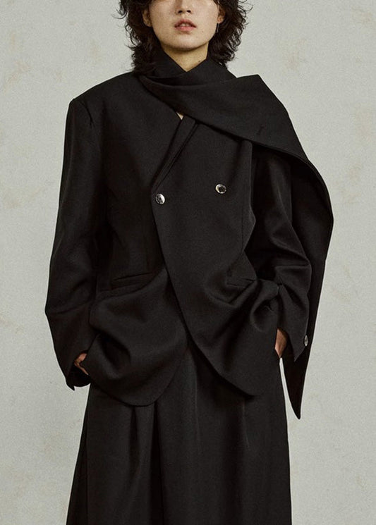 Black Notched Button Solid Coats Long Sleeve