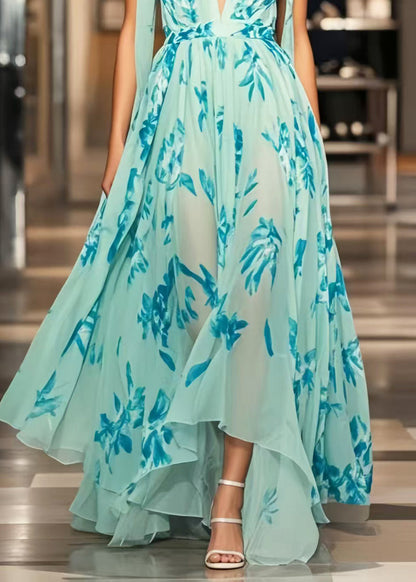 Beautiful Light Blue Print Exra Large Hem Chiffon Sundress Summer