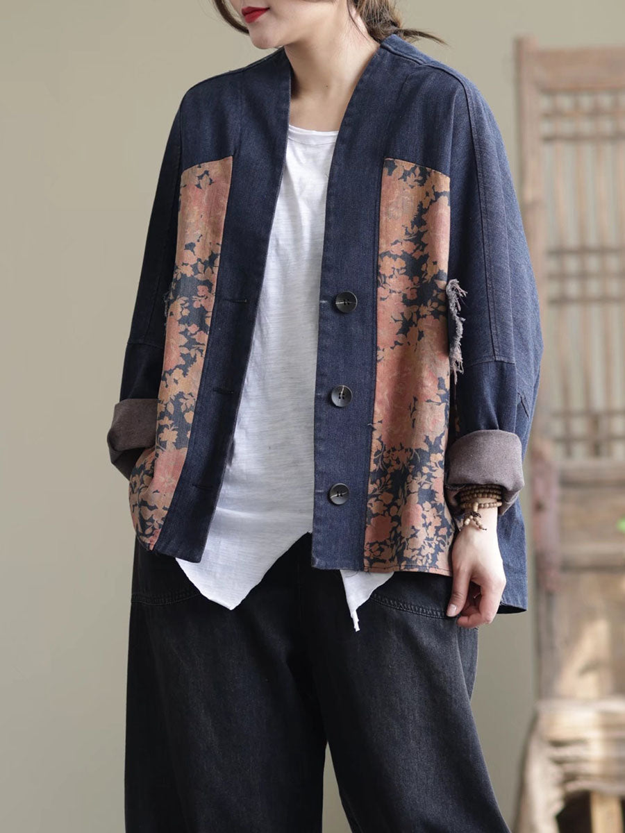 Women Spring Artsy Spliced Tie-dye Button Denim Coat