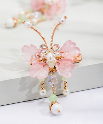 Cute Pink Copper Alloy Pearl Butterfly Tassel Kids A Pair Hairpin