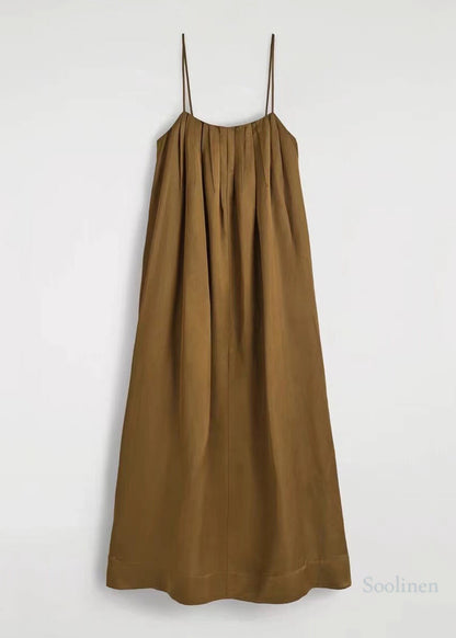 Boutique Brown Oversized Wrinkled Linen Spaghetti Strap Dress Summer