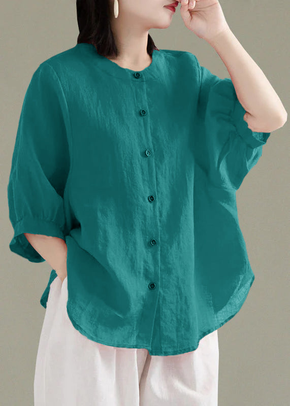 Art Print3 O-Neck Button Linen Loose Shirt Top Lantern Sleeve