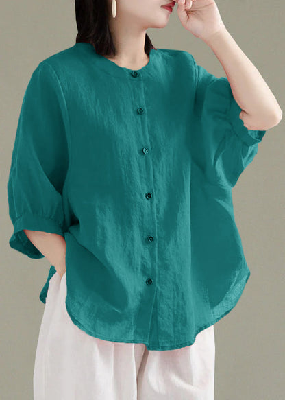 Art Print3 O-Neck Button Linen Loose Shirt Top Lantern Sleeve