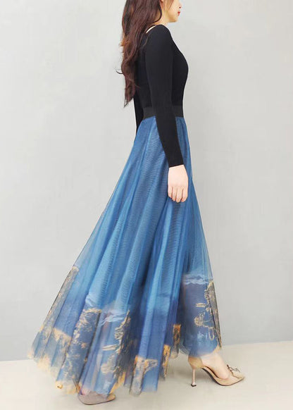 Italian Blue Print Exra Large Hem Loose Tulle Skirt Spring