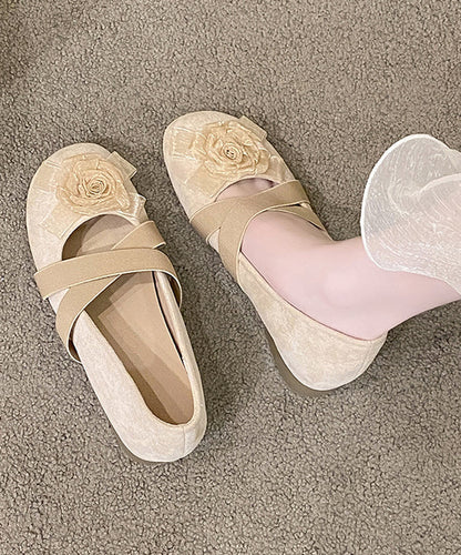 Apricot Cross Strap Floral Splicing Suede Flat Feet Shoes