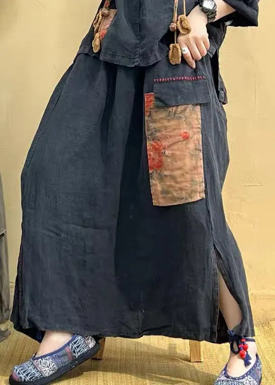 Vintage Coffee Hooded Patchwork Tops And Skirts Cotton Two Pieces Set Summer