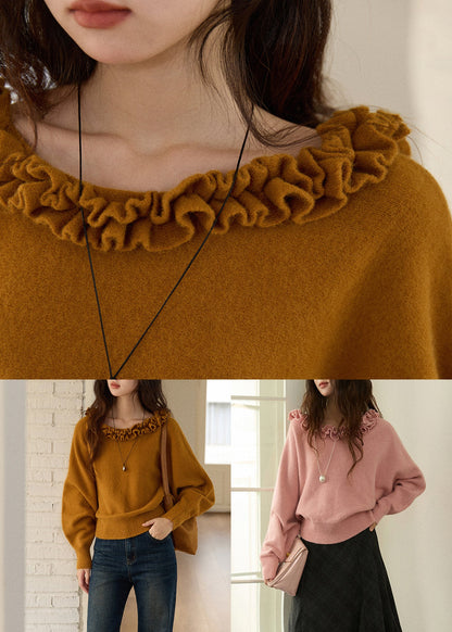 Beautiful Yellowish Brown Ruffled Solid Knit Sweaters Winter