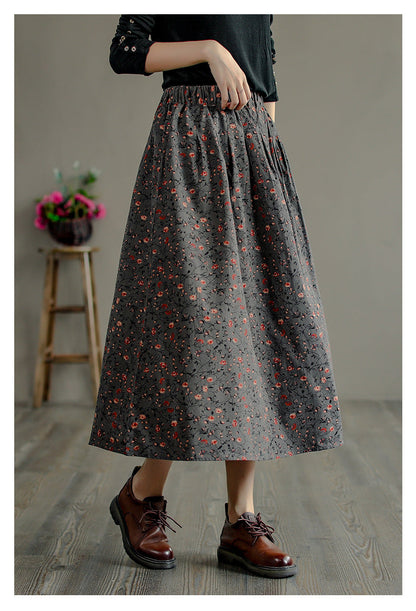 Retro Literary Floral Mid-Length Skirt