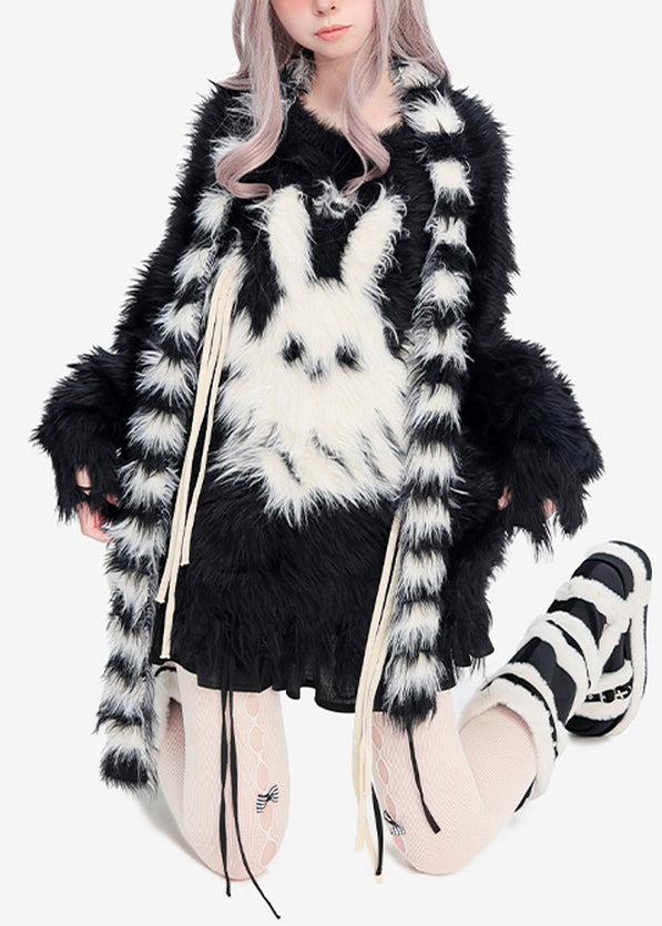 DIY Black Oversized Rabbit Faux Mink Hair Knit Tops Winter