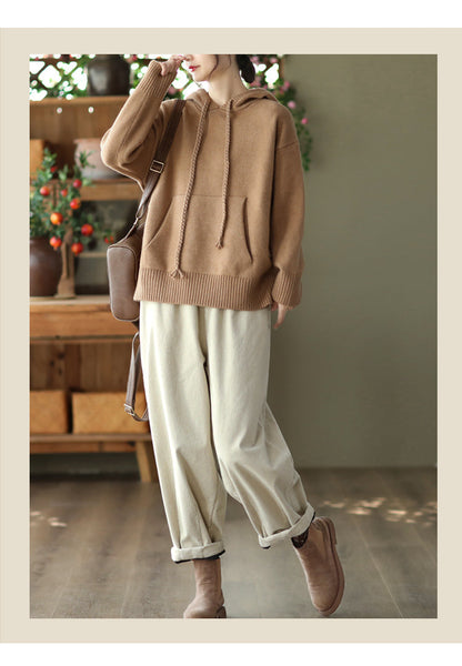 Thick Twist Drawstring Hooded Knit Sweater