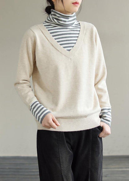 Comfy Beige Blouse Patchwork High Neck Plus Size  Knitted Blouse