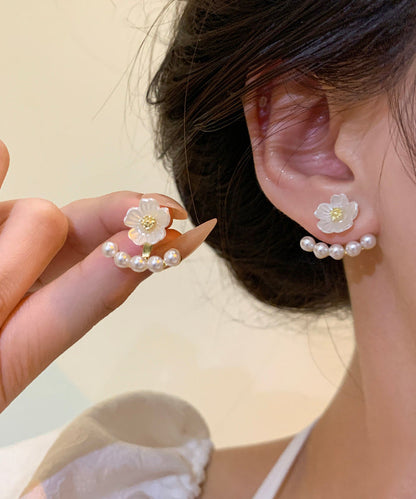 Brief White Copper Overgild Pearl Floral Stud Earrings