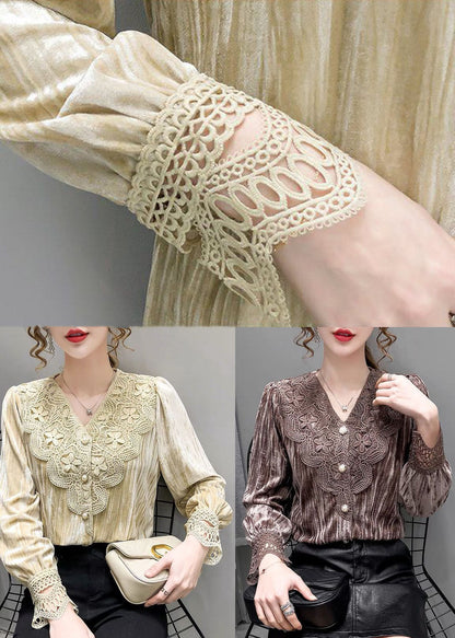 Coffee Lace Silk Velour Blouses V Neck Button Long Sleeve