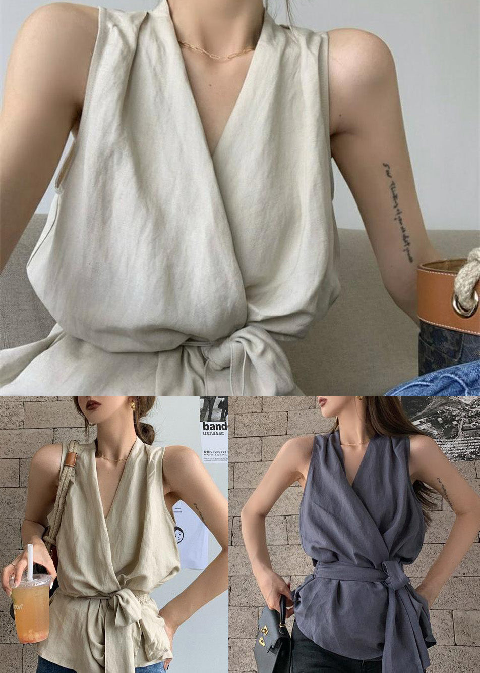 Vintage White Tie Waist Linen Vests Sleeveless