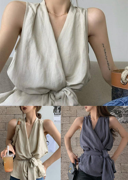 Vintage White Tie Waist Linen Vests Sleeveless