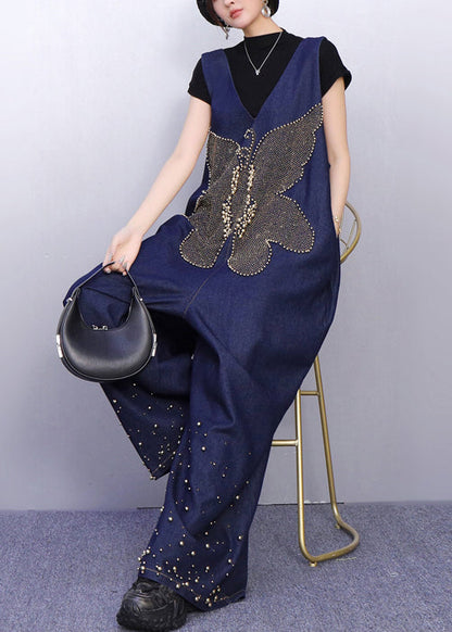 Sparkling Insect Motif Navy Denim Jumpsuits Urban Casual Stance