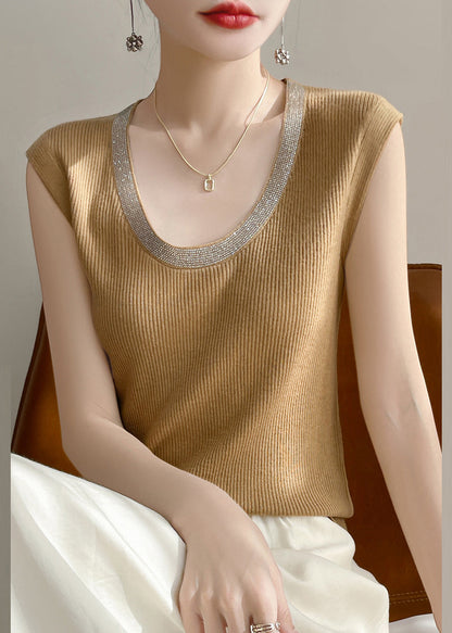 Women Yellow U Neck Patchwork Knit Tank Summer