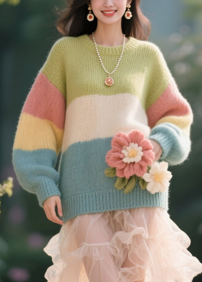 Original Design Colorblock O Neck Floral Knit Pullover Fall