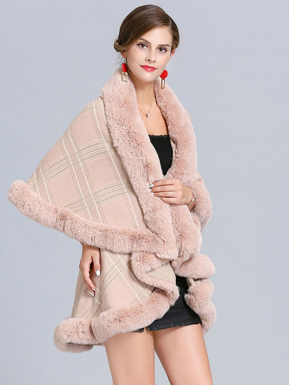 Women Poncho Wrap Faux Fur Collar Double Layer