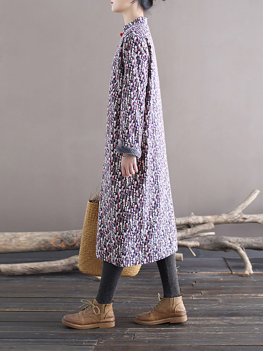 Women Winter Chinese Floral Print Frog Thick Long Dress