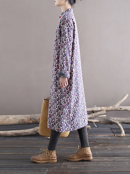 Women Winter Chinese Floral Print Frog Thick Long Dress