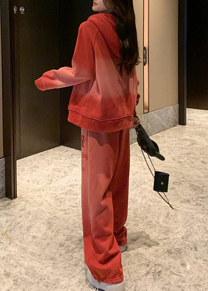 Casual Red Gradient Color Hooded Letter Warm Fleece Two Pieces Set Winter
