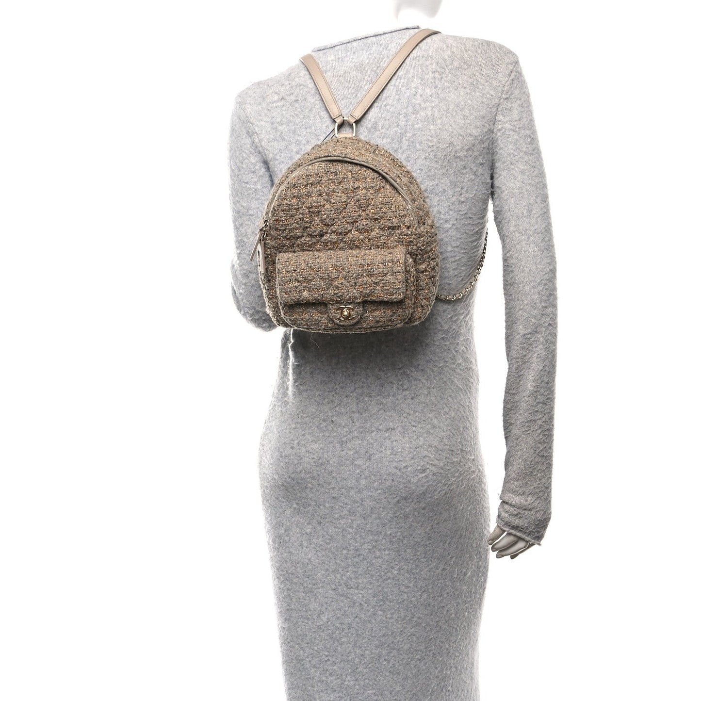 Tweed Front Pocket Backpack Beige