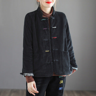 Stand Collar Corduroy Buckle Solid Stripe Thermal Jacket