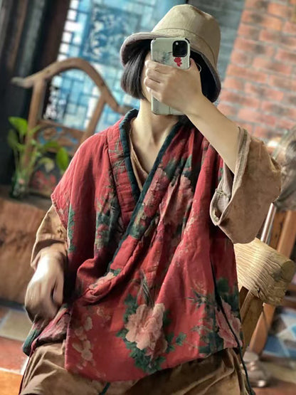 Women Floral Cotton Vintage Loose Waist Coat