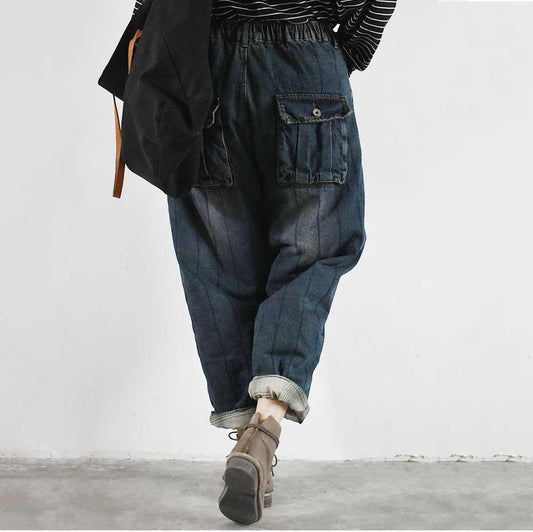 Winter Oversized Cotton Elastic Waist Plush Jeans