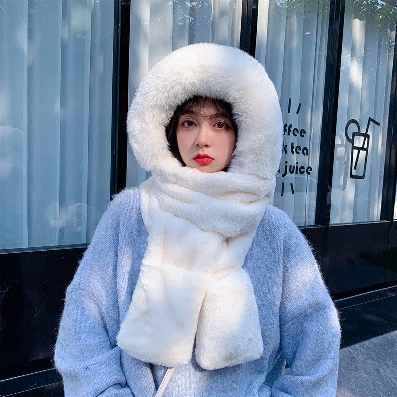 Women Winter Solid Plush Scarf Warm Hat