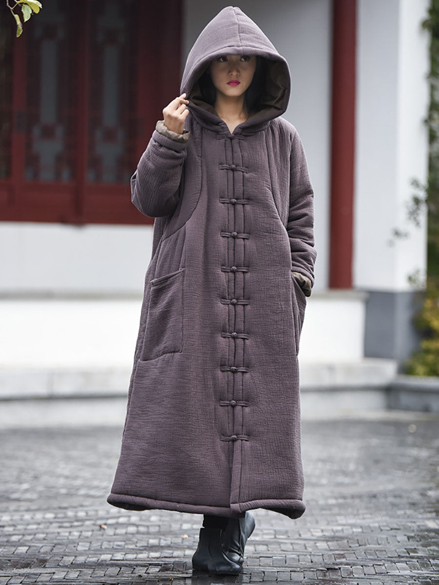 Women Winter Vintage Solid Frog Pocket Hooded Long Coat