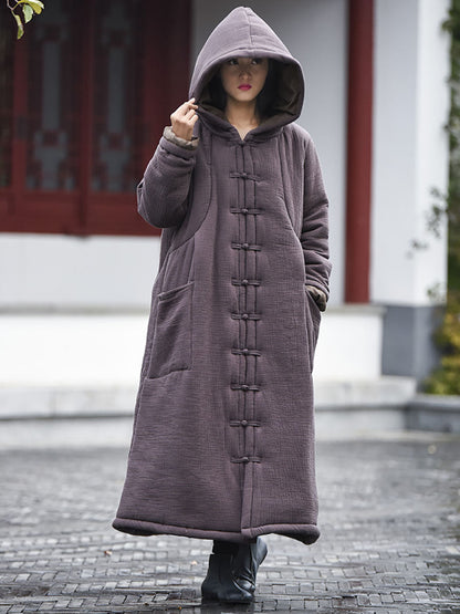 Women Winter Vintage Solid Frog Pocket Hooded Long Coat