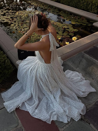 Polka Dot Halter Open Back Flowy A-line Maxi Dress