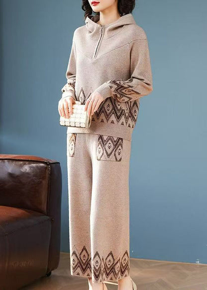 Women Print Patchwork Cotton Knit Hooded Coats And Wide Leg Pants Two Pieces Set Fall
