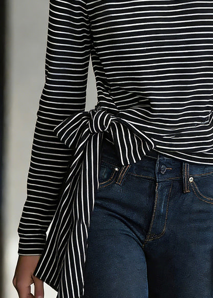 Chic Black Striped Tie Waist T Shirts Spring