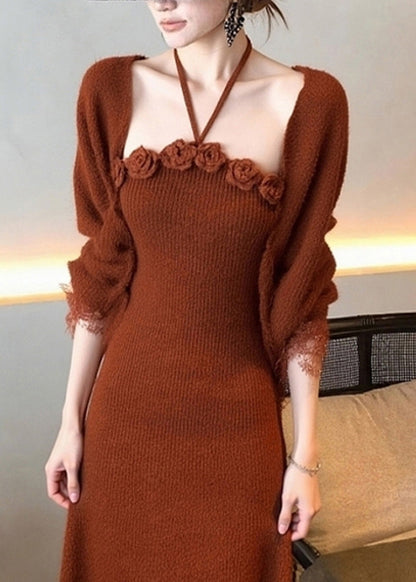 Art Brick Red Floral Cotton Knit Cardigans And Long Dress Two Piece Set Fall