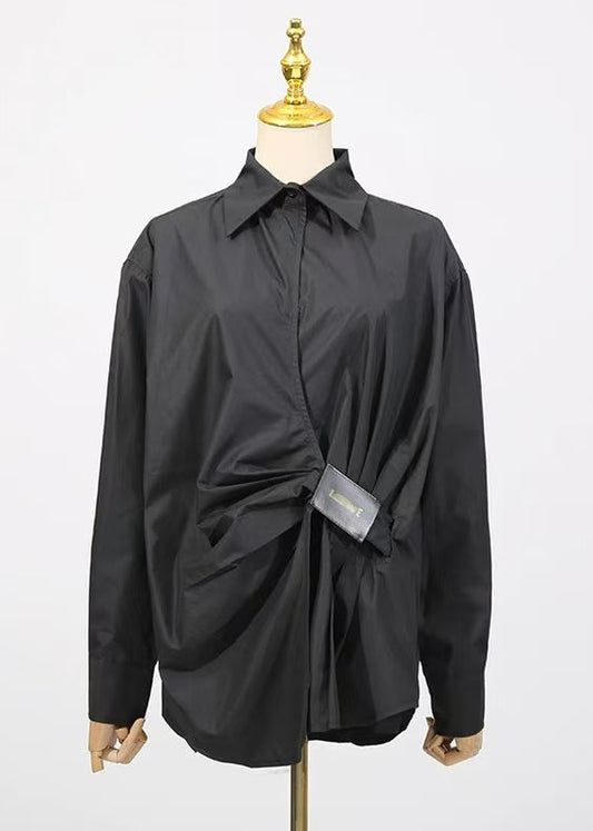 Loose White Peter Pan Collar Wrinkled Cotton Shirt Top Fall