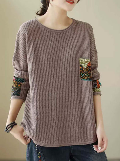 Women Autumn Artsy Knitted Patchwork Loose Sweater