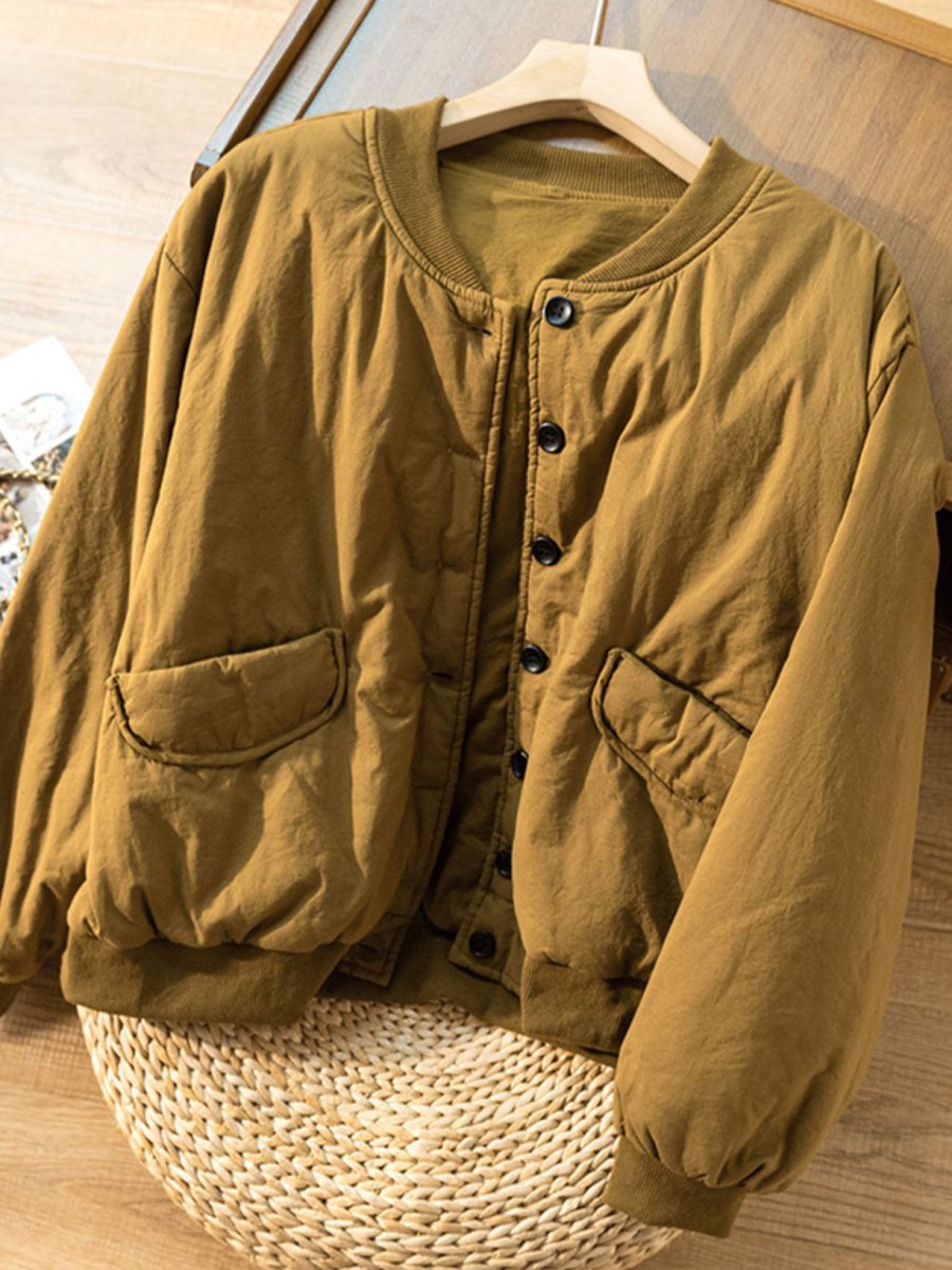 Long Sleeve Solid Round Neck 100% Natural Fabric Button Down Coat