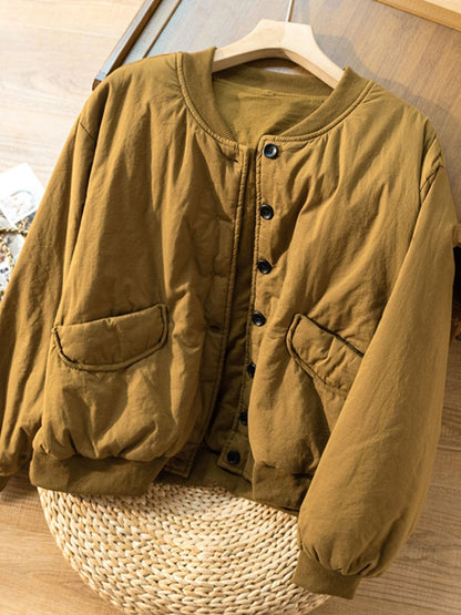 Long Sleeve Solid Round Neck 100% Natural Fabric Button Down Coat