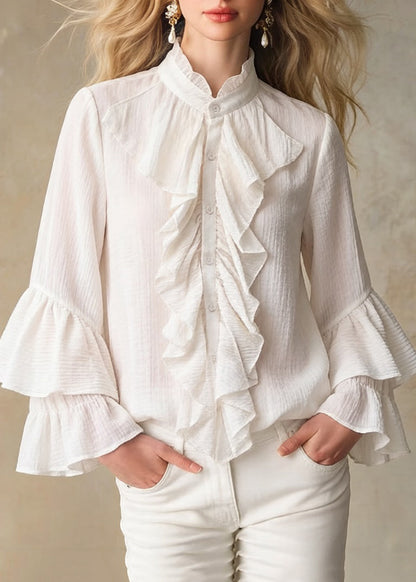 Elegant Apricot Stand Collar Ruffled Button Cotton Shirt