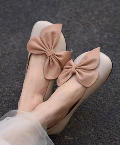 French Bow Splicing Penny Loafers Beige Faux Leather