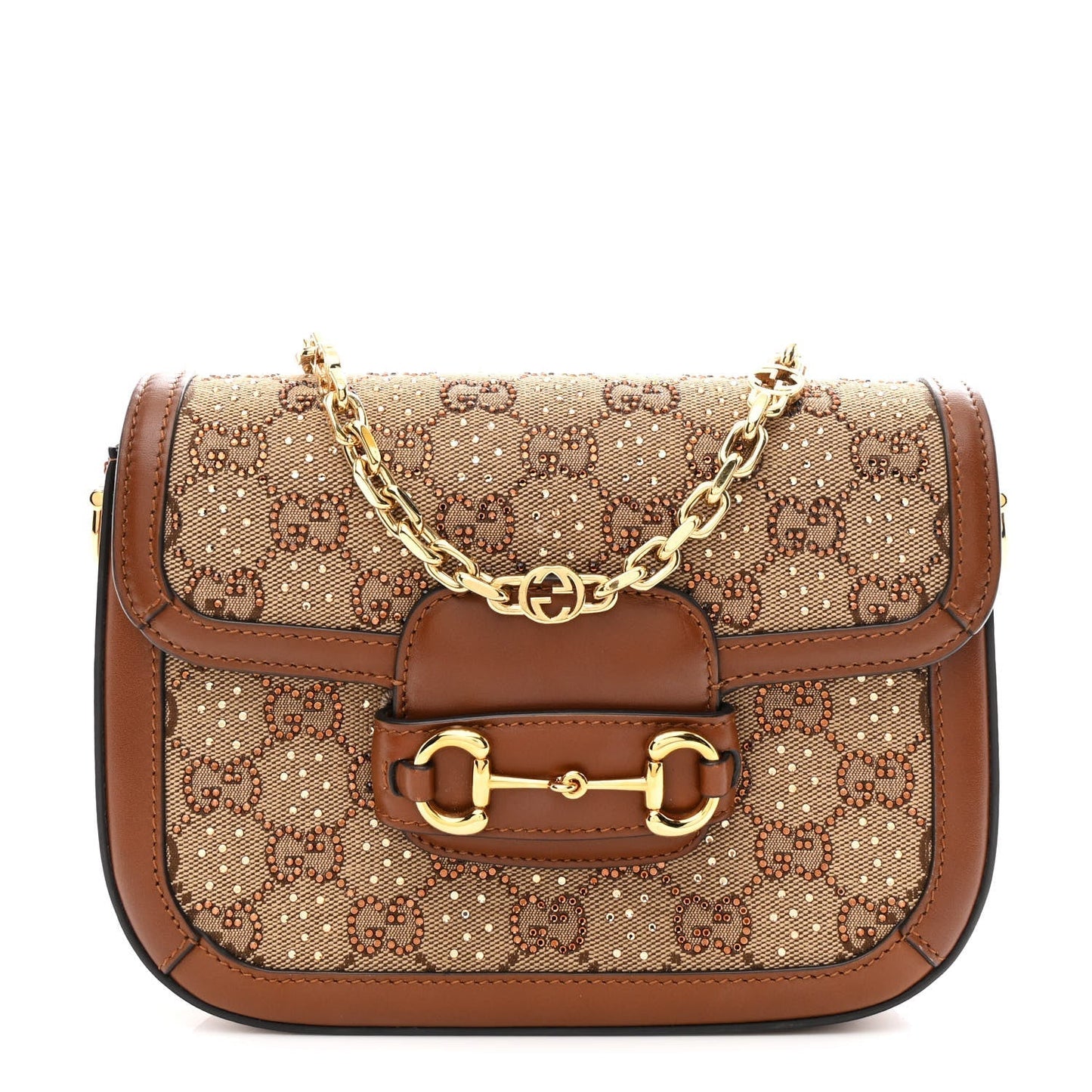 New Canvas Charisma Calfskin Crystal GG Monogram Mini Horsebit 1955 Shoulder Bag Camel Ebony