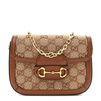 New Canvas Charisma Calfskin Crystal GG Monogram Mini Horsebit 1955 Shoulder Bag Camel Ebony