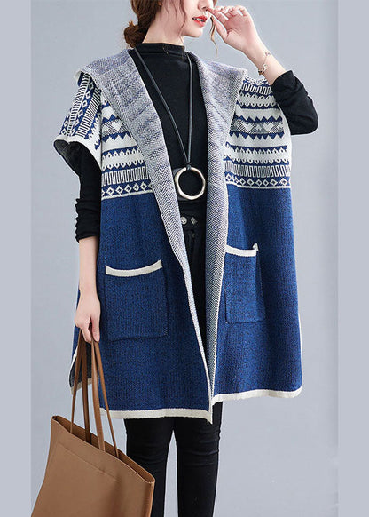 French Blue hooded Casual side open Short Sleeve Fall Knit sweaters Coat/Ships 30 Days
